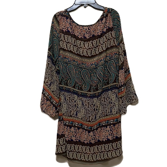 LADY NOIZ, Tie Up Neckline, Bell Sleeves, Knee Length Dress, Multi Colors, Med - Picture 2 of 6